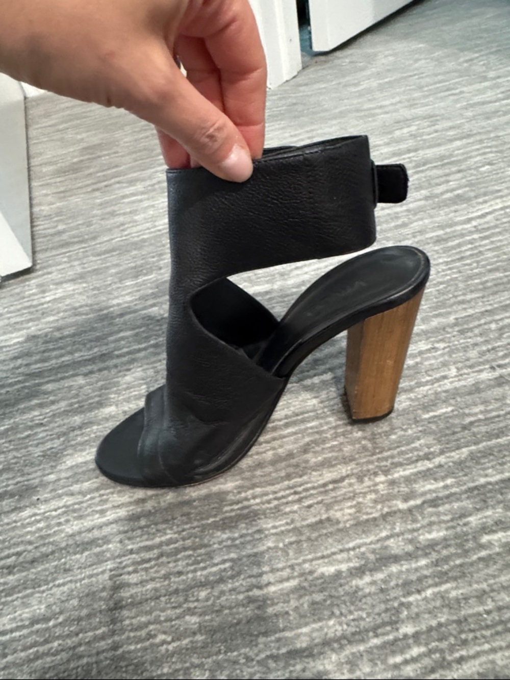 Vince Black Leather Open-Back Block Heel Sandal with Wood-Tone Heel
